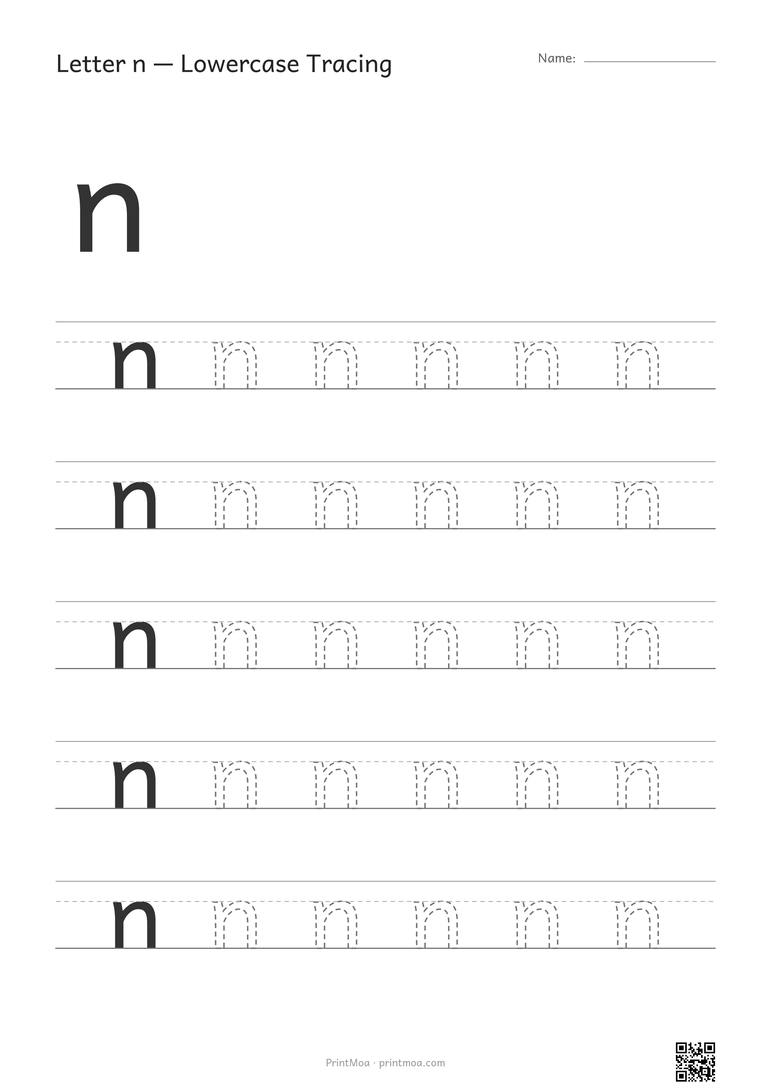 Letter n Lowercase Tracing Worksheet