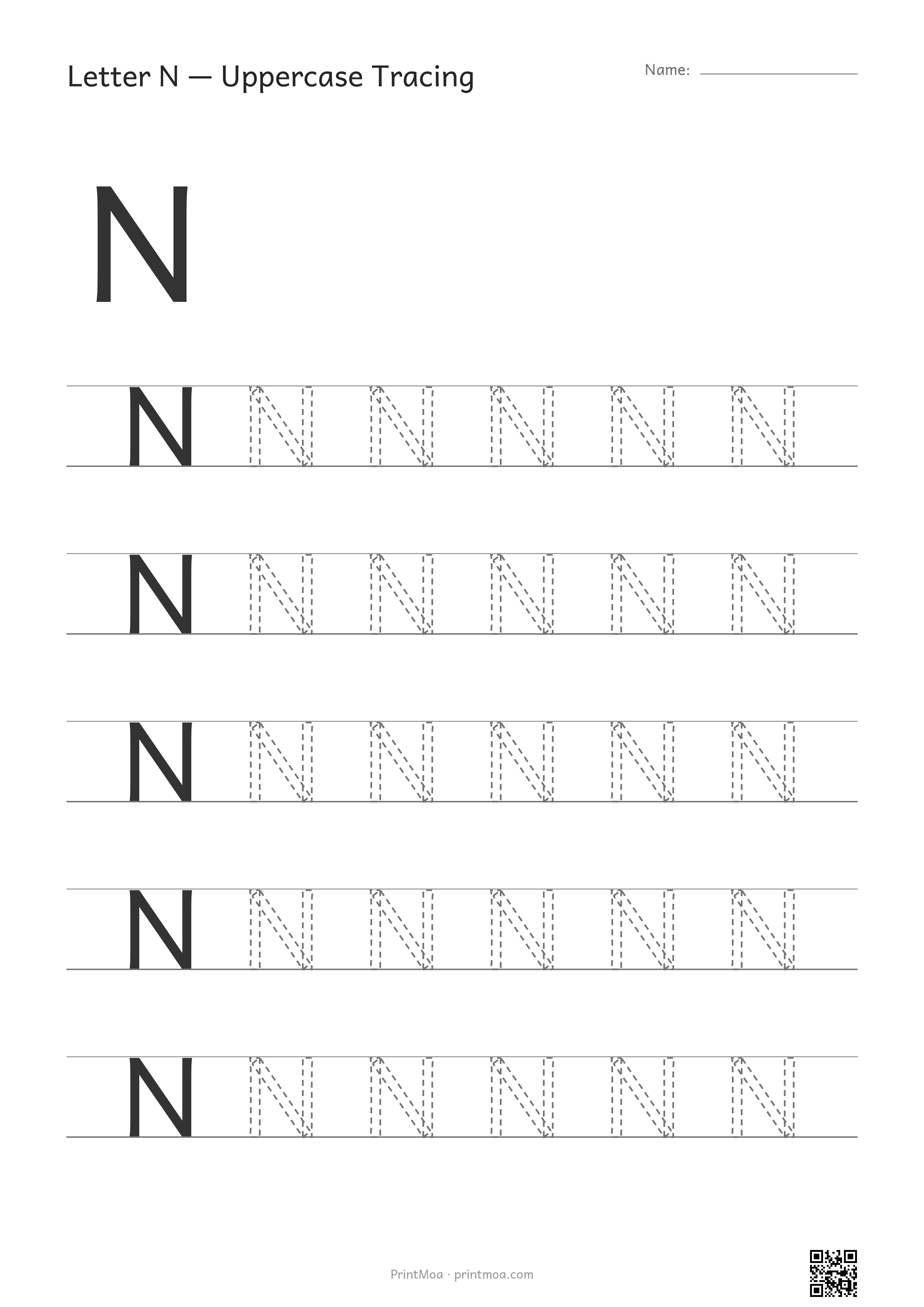 Letter N Uppercase Tracing Worksheet