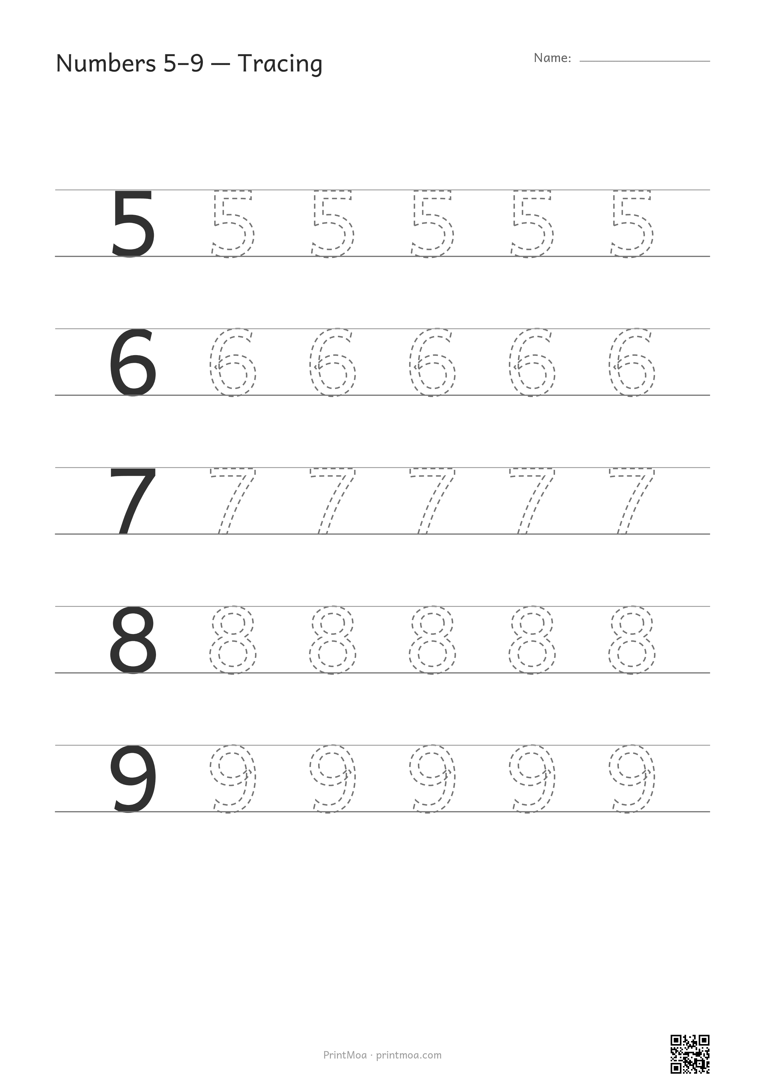 Numbers 5–9 Tracing Worksheet